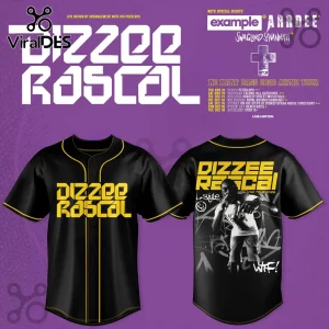 Black baseball jersey with yellow piping and Dizzee Rascal logo graphics on front and back against a purple background.!