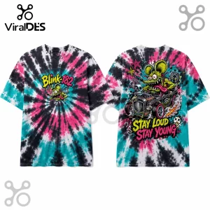 Blink-182 tie-dye t-shirt with black, pink, and teal spirals, featuring a cartoon rat driver and Stay Loud text print.!