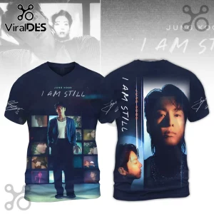 Jungkook I Am Still Navy Blue Hoodie featuring front and back photo collage graphics, text, and signatures on navy fabric.