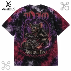 Dio band tie-dye t-shirt featuring a cartoon rat driving a hot rod, purple and red flames, and text Ride With Fire.!