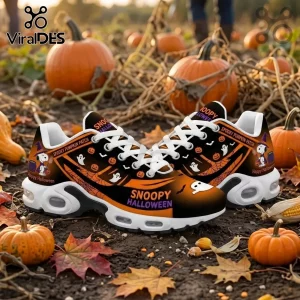 Snoopy Halloween sneakers with black and orange pumpkin patterns, white laces, and air-cushion soles in a pumpkin patch.!