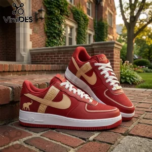 Red and tan leather sneakers with Delta Sigma Theta elephant logo, white laces, and Air soles on a brick walkway.!