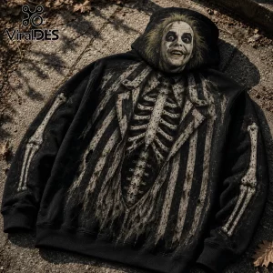 Beetlejuice Illustrated Skeleton Costume Hoodie featuring a graphic portrait on the hood and striped skeletal ribcage.
