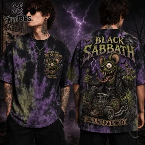 Black and purple tie-dye t-shirt with Black Sabbath Rat Fink graphic art, featuring text Born To Ride and Loud, Wild & Unholy.!