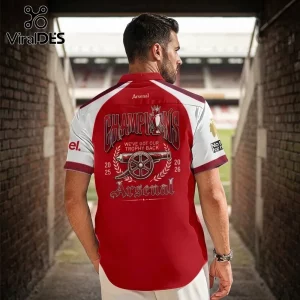 Arsenal FC Premier League Champions 2025-26 button-down shirt featuring red and white panels with cannon trophy graphic.
