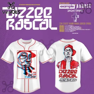 White button-up baseball jersey featuring Dizzee Rascal 2026 AU/NZ tour graphics with red piping and cyan-red line art.!