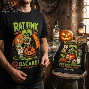 Rat Fink Bacardi Halloween Vintage Mascot T-Shirt with green rat graphic, pumpkins, and rum bottle on a black cotton shirt.