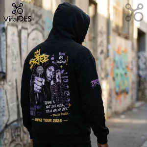 Black hooded sweatshirt with Dizzee Rascal graphic, microphone illustration, yellow text, and graffiti art back print.!