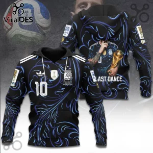 Argentina National Team Messi 2026 World Cup black hoodie with blue flame graphics, number 10, and trophy imagery.