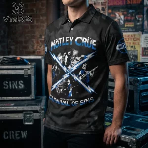 Motley Crue Carnival Of Sins 2026 Tour Polo Shirt featuring band graphics, blue lightning bolts, and black fabric.