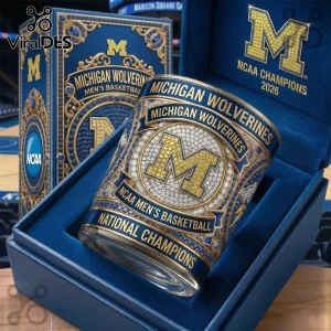 Michigan Wolverines NCAA men's basketball champions whiskey glass with gold and blue crystal inlay in a velvet display box.!