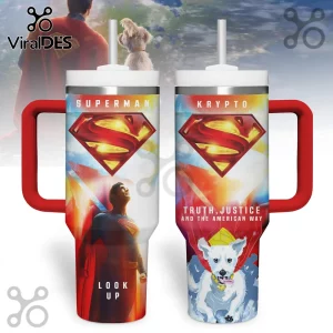 Superman and Krypto Truth Justice Handle Tumbler featuring red handles, hero graphics, and iconic character logos.