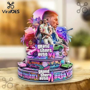 GTA 6 themed multi-tier cake topper with neon Miami skyline, sportscars, character cutouts, and official game logo graphics.!