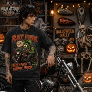 Rat Fink Biker Halloween Harley-Davidson T-Shirt featuring a green rodent on a motorcycle with pumpkins and a graveyard.