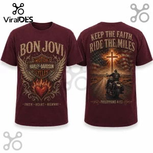 Maroon Bon Jovi Harley-Davidson graphic t-shirt featuring a winged logo on front and biker on highway with cross on back.!