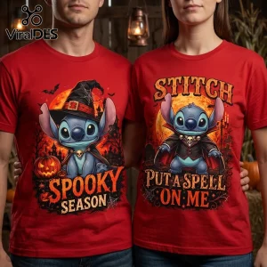 Stitch Halloween Witch Hat Vampire Red T-Shirt designs featuring blue alien character with festive seasonal graphics.