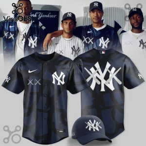 New York Yankees KAWS collaboration baseball jersey and cap in blue camo with white NY logo and crossing X graphics.!