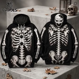 Art The Clown Horror Skeleton Black Hoodie featuring a white skeletal torso print and a sinister clown face hood.