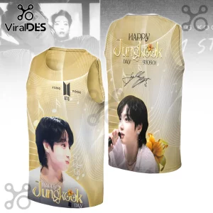BTS Jungkook Gold Portrait Pullover Hoodie featuring a gold aesthetic, portrait photography, and text graphics.