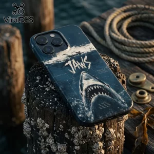 Jaws Bigger Boat Vintage Great White Shark phone case featuring a distressed nautical movie graphic on a wooden piling.