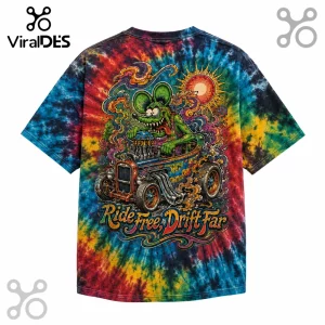 Tie-dye t-shirt featuring a green rat character driving a hot rod with Ride Free, Drift Far text in multicolor print.!
