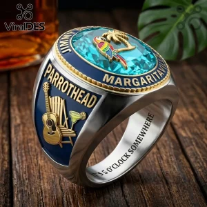 Jimmy Buffett Margaritaville Parrothead ring featuring a blue crystal, a palm tree, guitar, and drink on wood background.