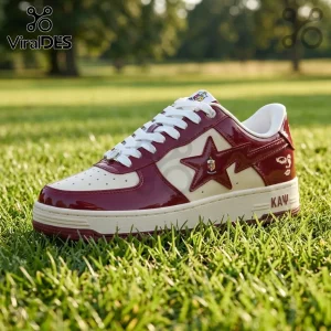 Maroon and cream patent leather sneaker with KAPPA ALPHA PSI Greek letters and crest on a green grass background.!