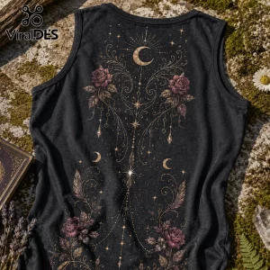 Black cotton sleeveless tank top featuring a gold celestial and rose graphic with moons, stars, and hanging crystals.!