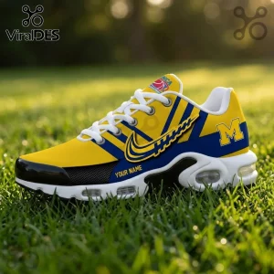 Custom yellow and blue athletic sneaker with a varsity M logo, white laces, and Your Name text on the side panel.!