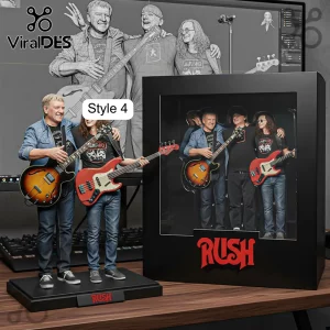 Rush band figurines on black display base with matching windowed collector box featuring band members and red logo text.!