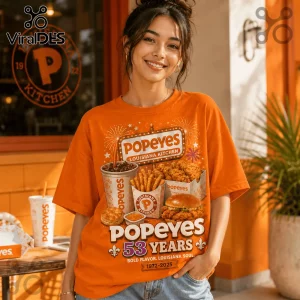 Popeyes Louisiana Kitchen 53 Years Anniversary orange t-shirt featuring food graphics, fireworks, and vintage branding.
