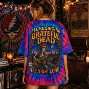 Grateful Dead All Night Long Tie Dye T-Shirt featuring a skeleton playing acoustic guitar on a purple and red fabric.