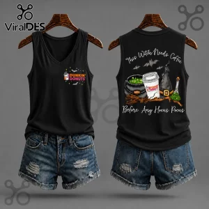 Dunkin Donuts Halloween 2026 V-Neck Tank Top in black featuring a coffee cup, witch hat, cauldron, and bats graphic.