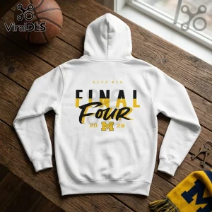 White hooded sweatshirt featuring back graphics of NCAA Men Final Four 2026 with black and yellow collegiate typography.!