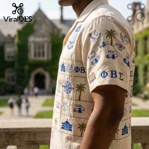Beige linen button-down shirt with blue embroidered Phi Beta Sigma symbols, palm trees, doves, scrolls, and 1914-1920 dates.!