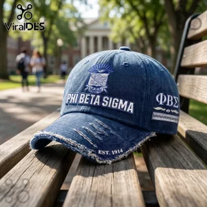 Distressed blue denim Phi Beta Sigma baseball cap with white embroidered fraternity crest and lettering on a wooden bench.!
