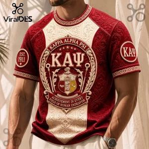 Kappa Alpha Psi t-shirt featuring crimson and cream floral patterns, Greek lettering, and fraternity crest on chest.!