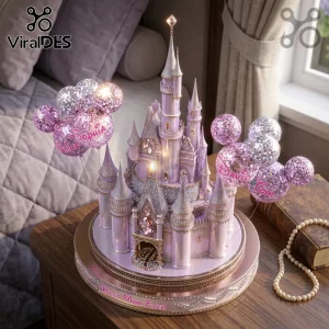 Personalized Magical Castle LED Light Sculpture with purple turrets, glittery accents, and custom name balloons.