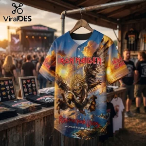 Iron Maiden 2026 Run For Your Lives World Tour baseball jersey featuring Eddie with wings against a sunset sky background.