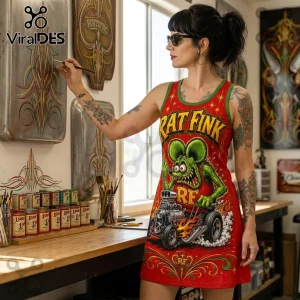 Woman wearing a sleeveless red dress with a green Rat Fink hot rod graphic standing in an art studio with pinstriping.!