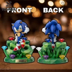 Sonic the Hedgehog 35th anniversary vinyl figure standing on a green gem base with colorful plastic chaos emeralds.!