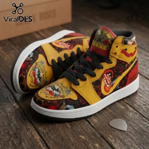 Guns N' Roses high-top sneakers with yellow, red, and black floral print featuring classic rock band iconography.!