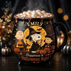 Peanuts Snoopy Halloween Black Cauldron Ceramic Coffee Mug featuring Charlie Brown, Snoopy, and Lucy against a full moon.
