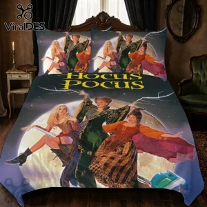 Hocus Pocus Sanderson Sisters bedding set featuring the three witches flying against a full moon on a dark background.