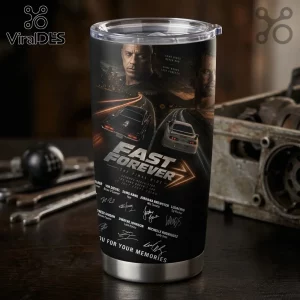 Fast and Furious 25th Anniversary stainless steel tumbler featuring movie cast, a white car, and legacy signatures.