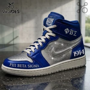 Phi Beta Sigma 1914 Air Jordan 1 Hightop Sneakers in royal blue and metallic silver with Greek lettering and 1914 detail.