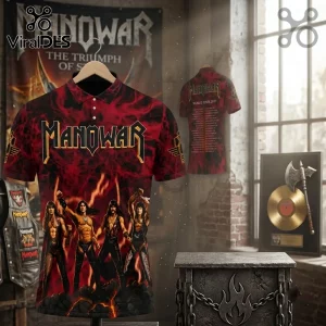 Manowar Red Flame World Tour 2027 Polo Shirt featuring band members, flaming graphics, and black fabric textures.