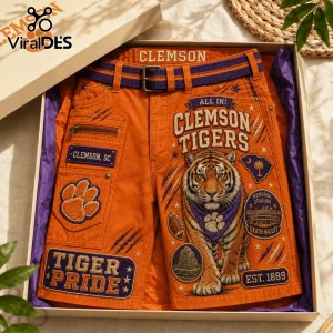 Clemson Tigers Orange Casual Shorts featuring a tiger graphic, Memorial Stadium text, and purple belt in a gift box.