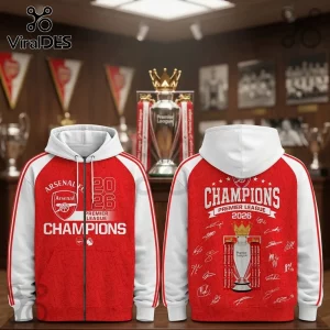 Arsenal FC Premier League 2026 Champions hoodie featuring red body, white sleeves, team crest, and trophy graphics.