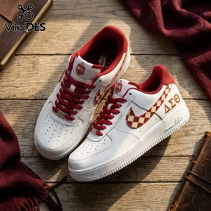 Delta Sigma Theta Nike Air Force 1 Sneakers in white leather with crimson laces, checkered swooshes, and Greek letter details.